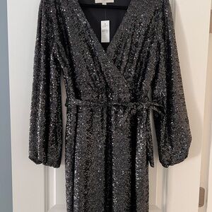 LOFT Black Sequin Long Sleeve Dress